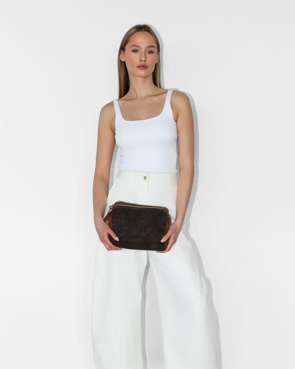 Ciemnobrązowa torebka damska ze skóry zamszowej na ramię 107-13-BRĄZ