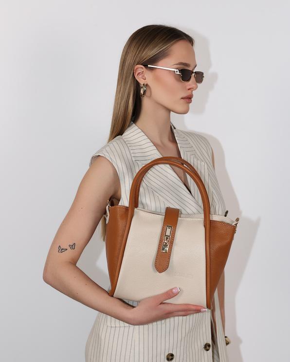 Beżowo-brązowa torebka damska ze skóry licowej 107-25-RUDY-BEŻ