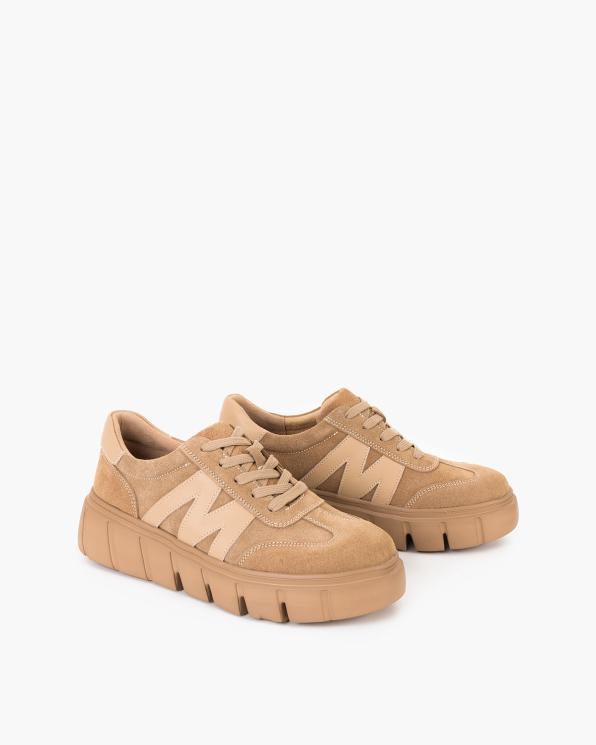 Beżowe adidasy damskie sznurowane ze skóry zamszowej  105-16597-BEŻ