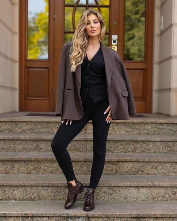 Brązowe botki sznurowane ze skóry ekologicznej na obcasie 105-77461-BRĄZ