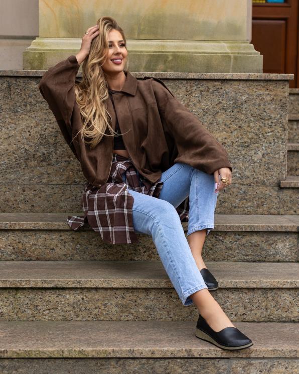 Czarne półbuty damskie z naturalnej skóry licowej na koturnie 148-11641-CZARNY