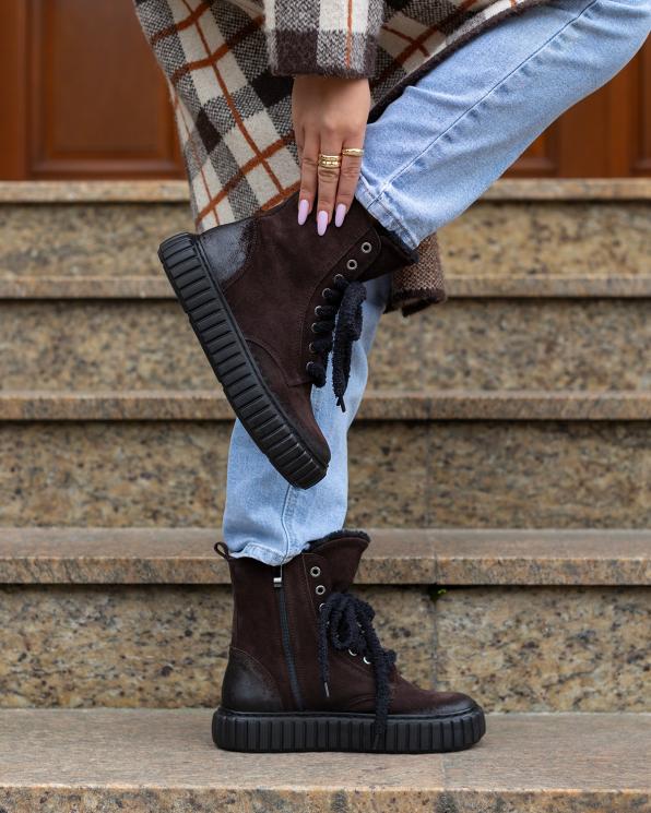 Czekoladowe trzewiki damskie welurowe na platformie  043-986-czekolad