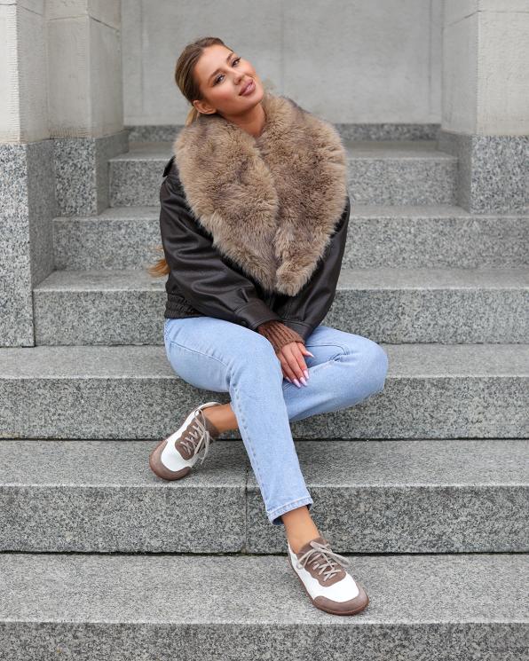 Biało-brązowe półbuty damskie barefoot ze skóry naturalnej 162-31019-LATTE