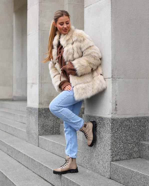 Beżowe trapery damskie sznurowane ze skóry licowej 139-07391-BEŻ