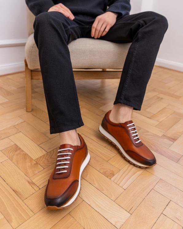 Rude sneakersy męskie sznurowane ze skóry licowej 151-3401-17-BRĄZ