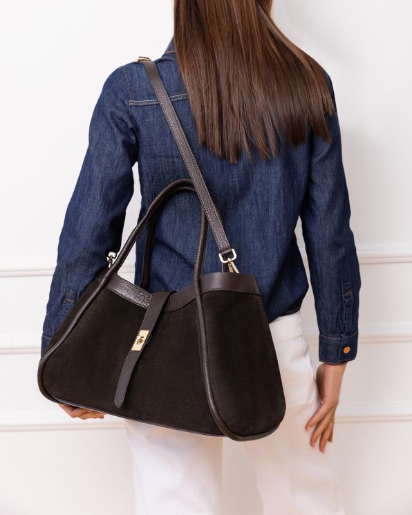 Czekoladowa duża torba typu shopper zamszowa 154-9566-CZEKOLADA