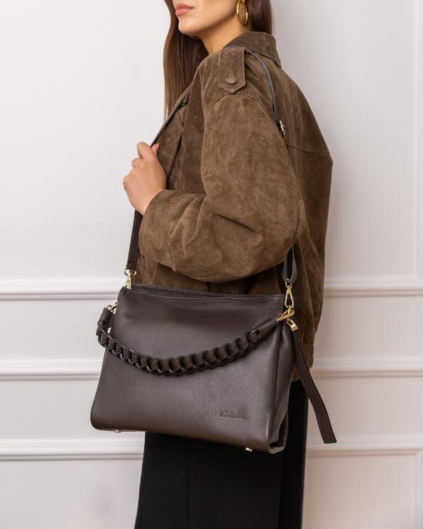 Czekoladowa duża torebka damska ze skóry licowej z warkoczem 154-8846-CZEKOLADA