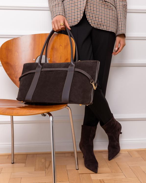 Czekoladowa duża torebka damska zamszowa na ramię 154-8176-CZEKOLADA