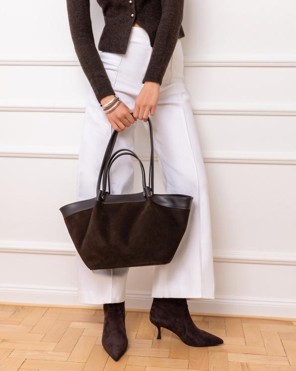 Ciemnobrązowa duża torebka shopper ze skóry zamszowej 154-6766-CZEKOLADA