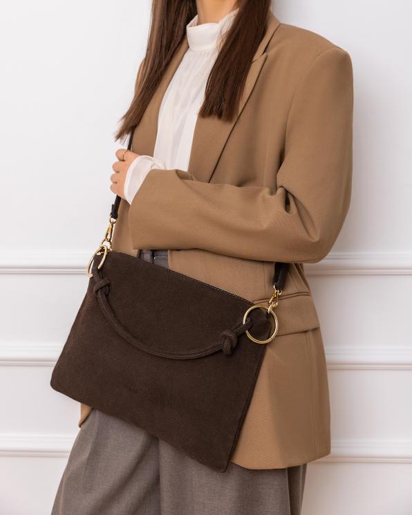 Ciemnobrązowa duża torebka damska z naturalnej skóry zamszowej 154-5056-CZEKOLADA