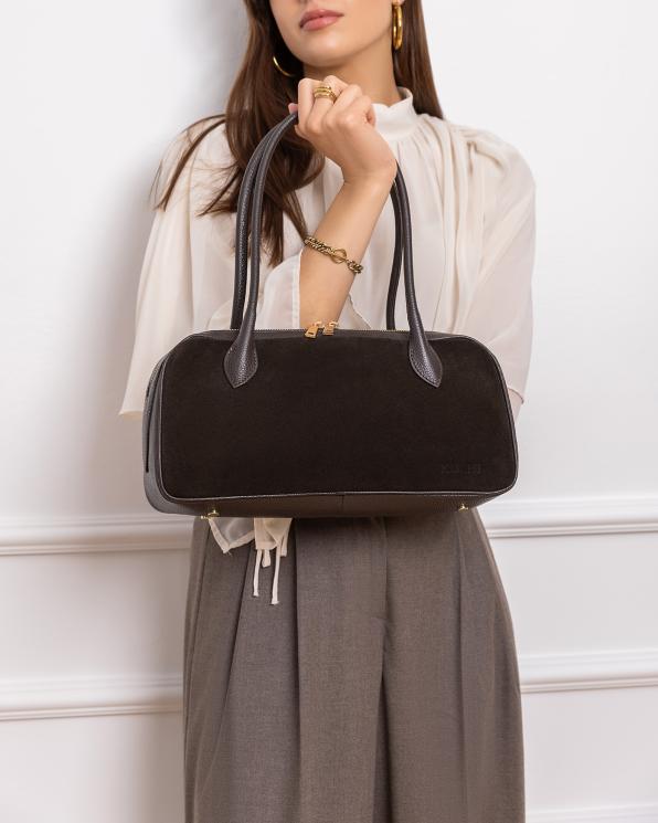 Czekoladowa torebka kuferek ze skóry zamszowej 154-3666-CZEKOLADA