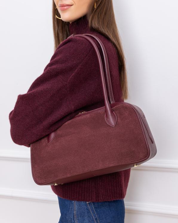 Bordowa torebka kuferek ze skóry naturalnej 154-3666-BORDO