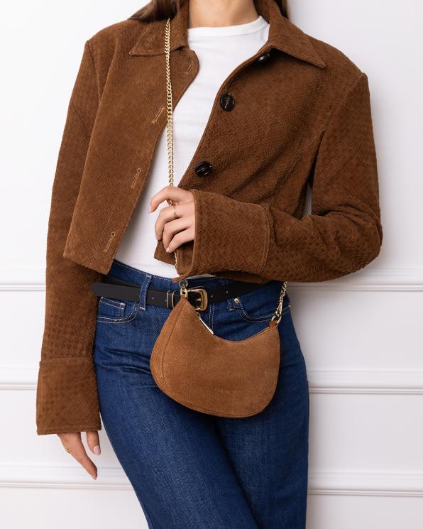 Ruda mała torebka typu hobo ze skóry zamszowej 154-3076-RUDY