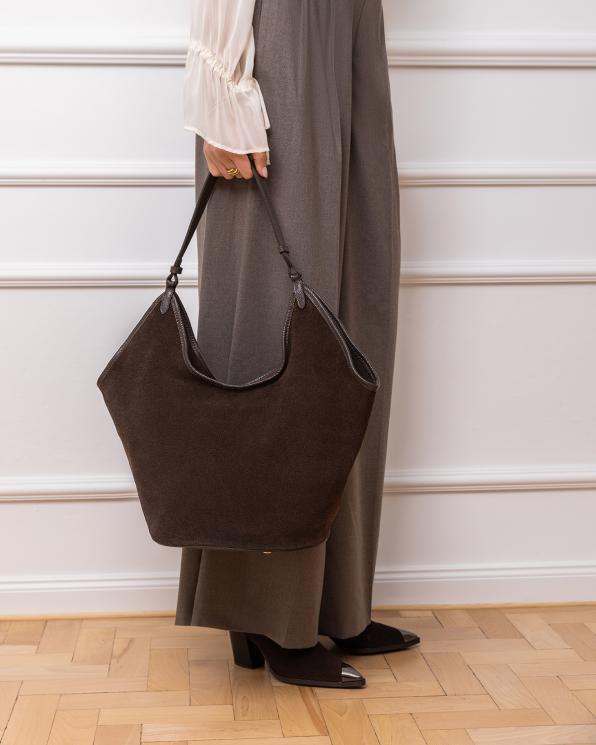 Ciemnobrązowa duża torebka damska zamszowa 154-1566-CZEKOLADA