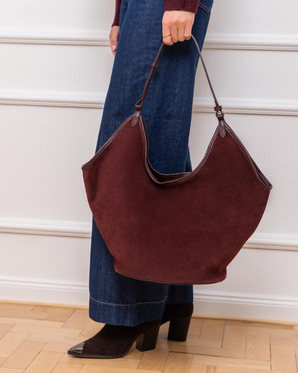 Bordowa torba damska z naturalnej skóry zamszowej 154-1566-BORDO