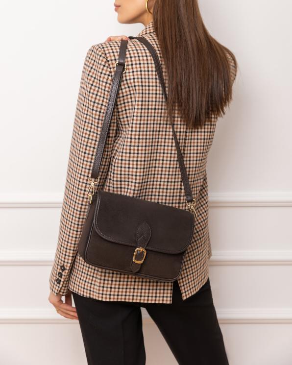 Ciemnobrązowa torebka damska z naturalnej skóry zamszowej 154-8156-CZEKOLADA