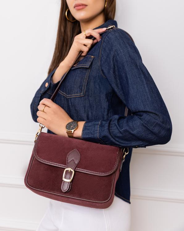Bordowa torebka damska ze skóry zamszowej z klapką 154-8156-BORDO