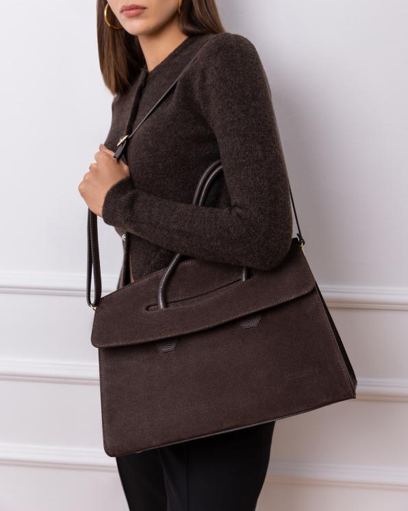 Czekoladowa duża torba damska zamszowa na ramię 154-5866-CZEKOLADA