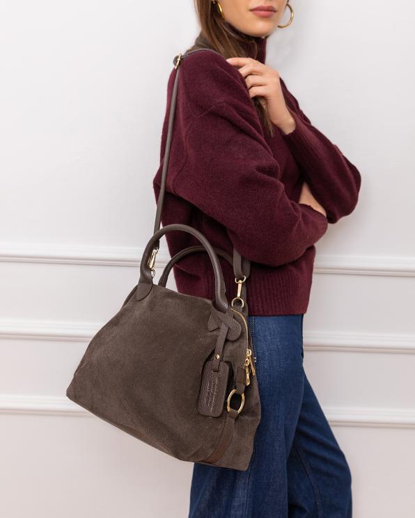 Czekoladowa duża torba damska zamszowa 154-5046-CZEKOLADA