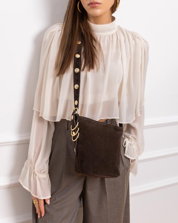 Ciemnobrązowa mała torebka damska skórzana z nitami 154-2866-CZEKOLADA