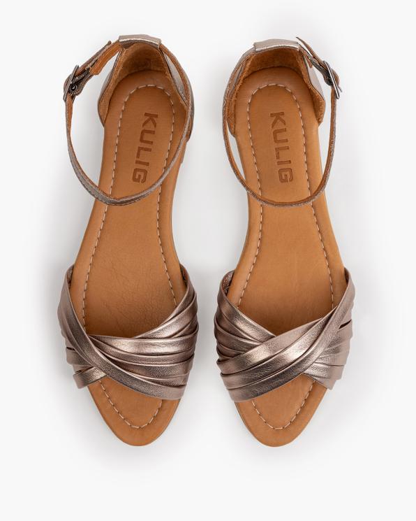 Złote sandały damskie ze skóry licowej na niskim obcasie 145-5043-ZŁOTY