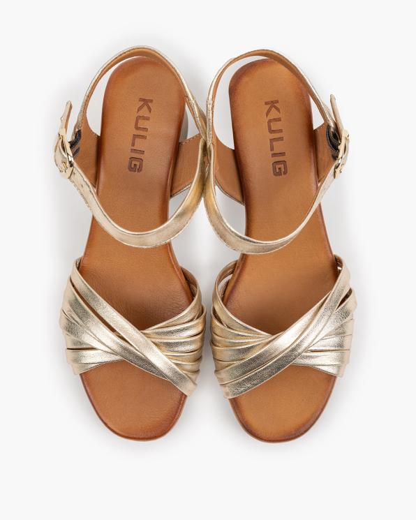 Złote sandały damskie ze skóry licowej z plecionym przodem 145-1307-ZŁOTY