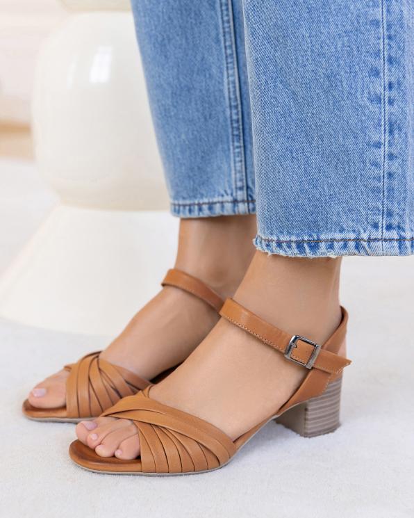 Rude sandały damskie skórzane na słupku z plecionym przodem 145-1307-RUDY