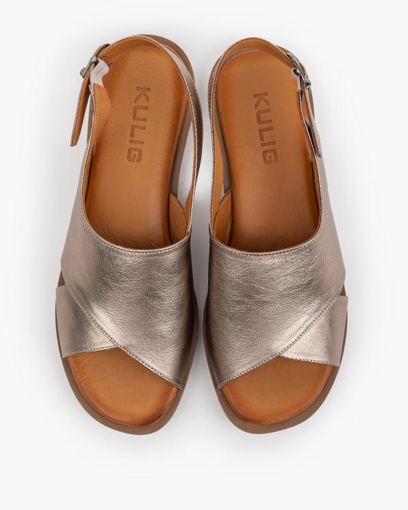 Złote sandały damskie ze skóry licowej na niskim obcasie 145-103125-ZŁOTY