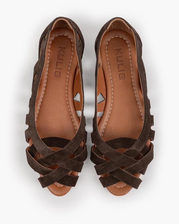 Czekoladowe baleriny damskie ażurowe ze skóry zamszowej 145-004042-CZEKO