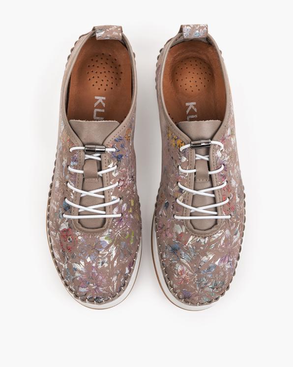 Ciemnobeżowe półbuty damskie skórzane z motywem kwiatowym 165-38152-VIS-KW