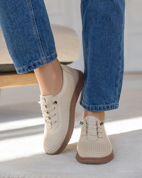 Beżowe półbuty damskie skórzane z perforacjami 165-27152-SZARY