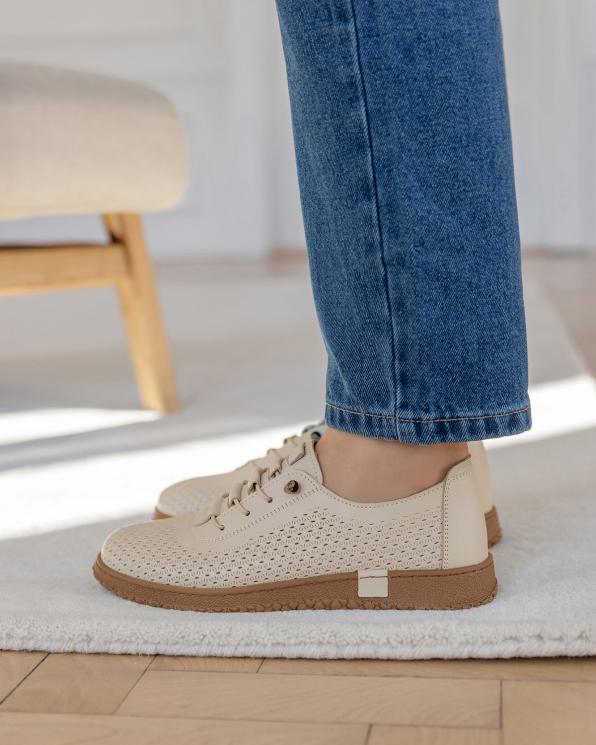 Beżowe półbuty damskie skórzane z perforacjami 165-27152-SZARY