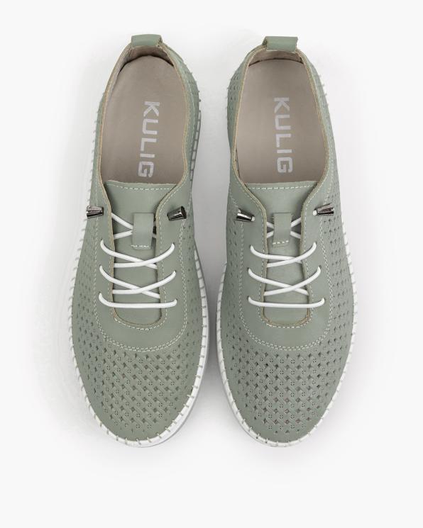 Pistacjowe półbuty damskie skórzane z perforacjami 165-0081-ZIELONY