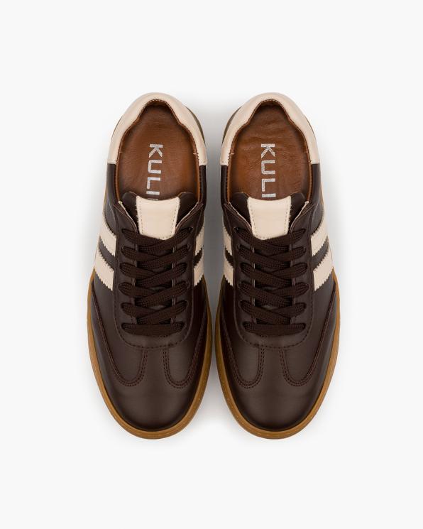 Brązowe adidasy damskie ze skóry licowej z beżowymi paskami 165-00552-BR-BEŻ