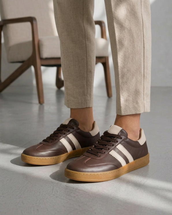 Brązowe adidasy damskie ze skóry licowej z beżowymi paskami 165-00552-BR-BEŻ