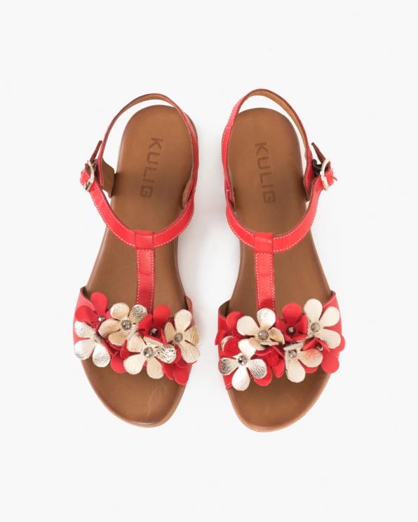 Czerwone sandały damskie skórzane z kwiatami  078-2206-CZERWON