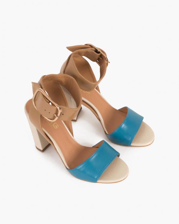Beżowo-niebieskie sandały damskie skórzane na słupku  076-3224-NIEBIES
