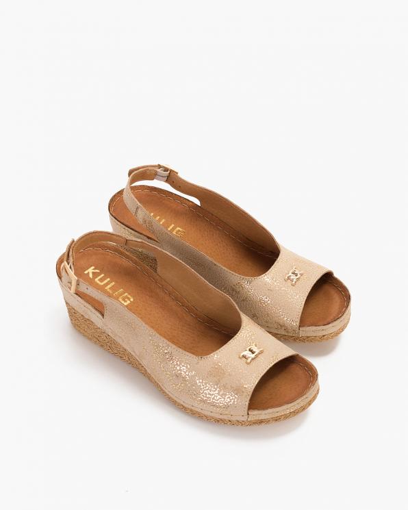 Beżowo-złote sandały damskie nubukowe na koturnie  043-085-BEZ-CRA
