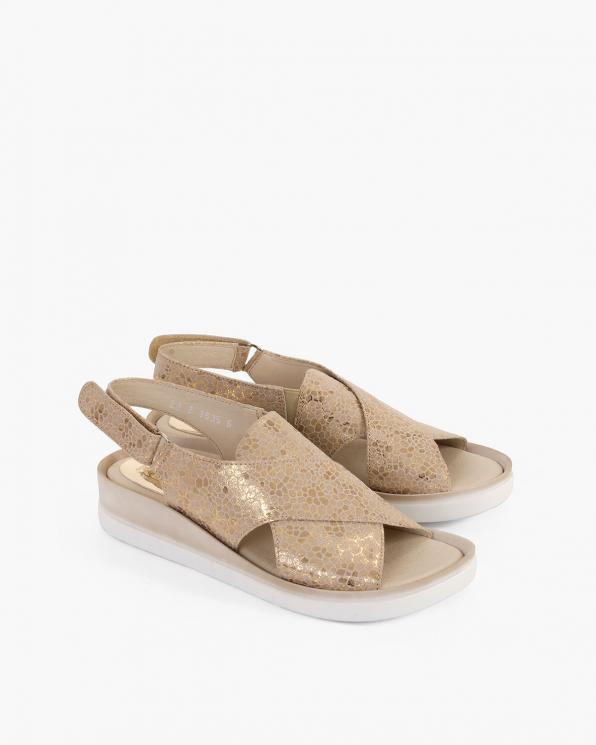 Beżowo-złote sandały damskie nubukowe na koturnie  055-5361-MIODOWY