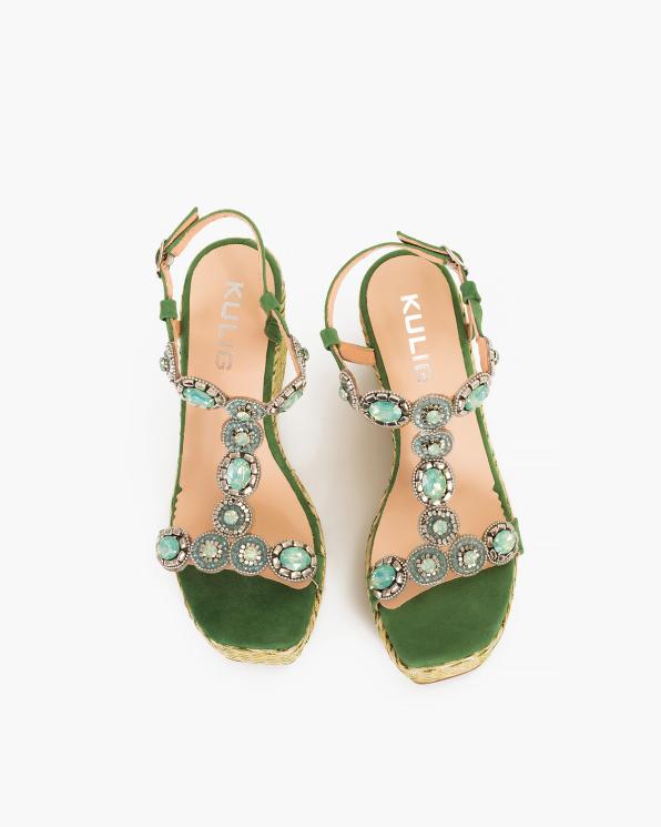 Zielone sandały damskie zamszowe na koturnie z kamieniami  124-0942-ZIELONY