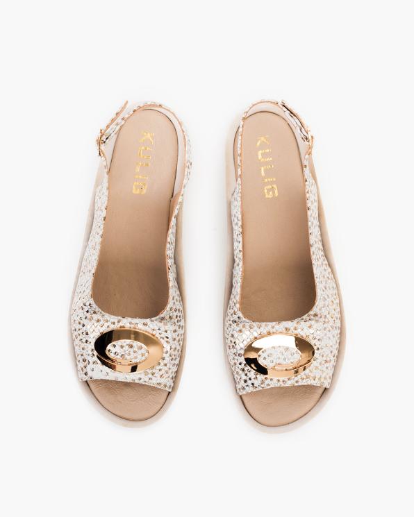 Biało-złote sandały damskie skórzane na koturnie  043-256-ZŁ-BIAŁY