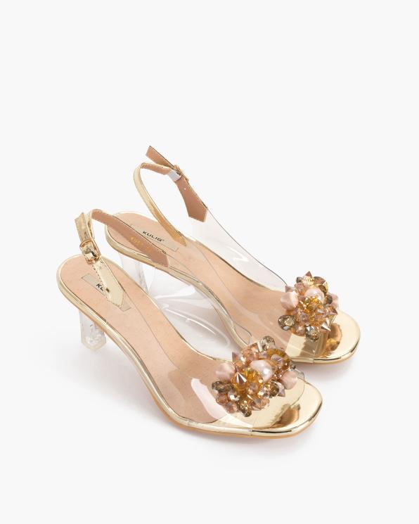 Złote sandały damskie żelowe na szpilce z kamieniami  131-159-GOLD