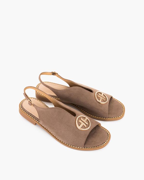Brązowe sandały damskie ze skóry ekologicznej z ozdobą  131-950-TAUPE