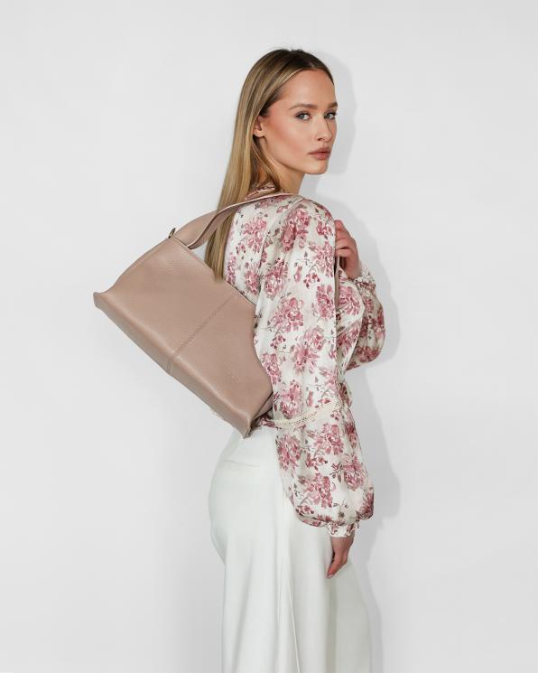 Pudrowa torebka damska ze skóry licowej 107-2-RÓŻOWY