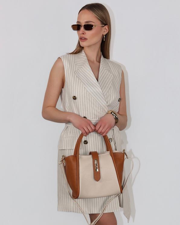 Beżowo-brązowa torebka damska ze skóry licowej 107-25-RUDY-BEŻ