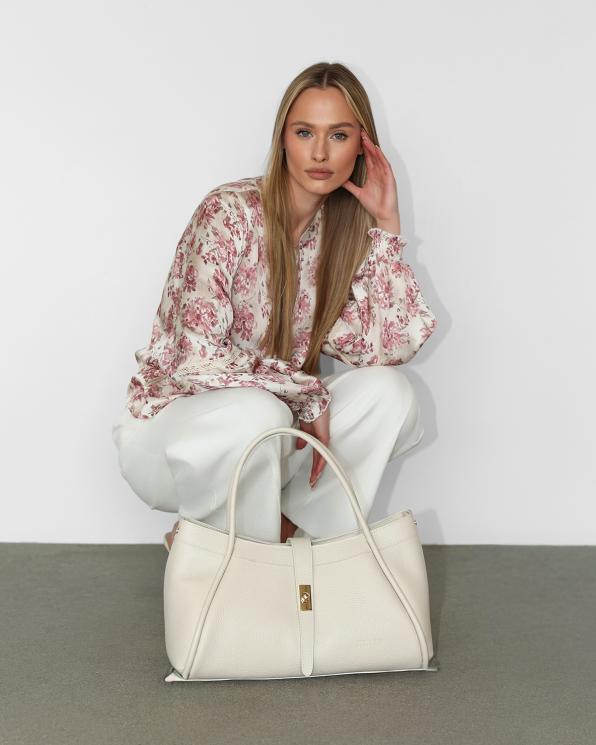 Kremowa duża torebka damska skórzana na ramię 107-4-KREM