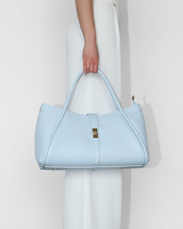 Błękitna duża torba typu shopper ze skóry licowej 107-4-NIEBIESKI