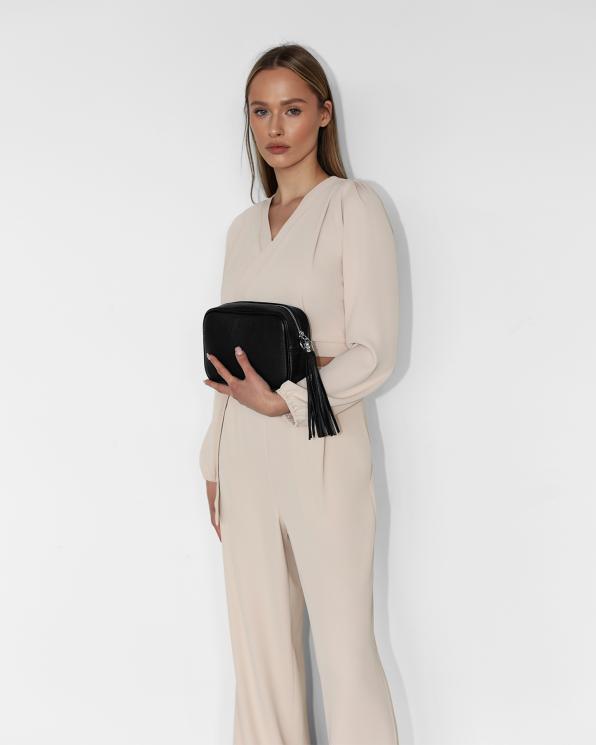 Czarna listonoszka damska ze skóry licowej z frędzlem 107-8-CZARNY