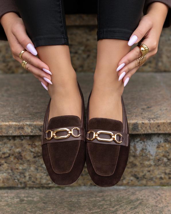 Czekoladowe mokasyny damskie z naturalnej skóry zamszowej 102-300-BRĄZ