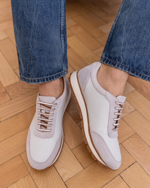 Biało-beżowe sneakersy męskie sznurowane ze skóry licowej 151-3401-17-BIAŁ